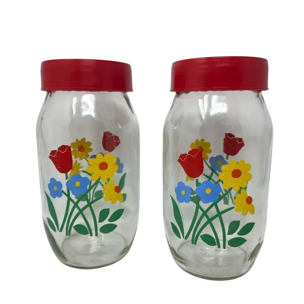 Vintage Carlton Glass Floral Canister Set 3 Red Lid Kitchen Storage Jars 80s